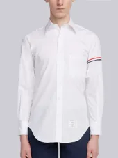 Classic L/s Shirt With Printed Red, White And Blue Hairline Stripe In Solid Poplin