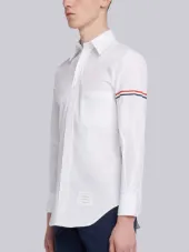 Classic L/s Shirt With Printed Red, White And Blue Hairline Stripe In Solid Poplin