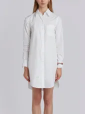 Classic Long Sleeve Button Down Point Collar Thigh Length Shirtdress With Jewelry Applique In Solid Poplin