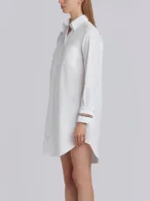 Classic Long Sleeve Button Down Point Collar Thigh Length Shirtdress With Jewelry Applique In Solid Poplin