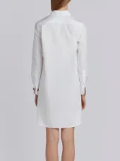 Classic Long Sleeve Button Down Point Collar Thigh Length Shirtdress With Jewelry Applique In Solid Poplin