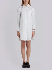 Classic Long Sleeve Button Down Point Collar Thigh Length Shirtdress With Jewelry Applique In Solid Poplin