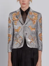 Classic Single Breasted Sport Coat In Organza With Multi Icon Filigree Embroidery