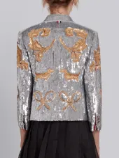 Classic Single Breasted Sport Coat In Organza With Multi Icon Filigree Embroidery