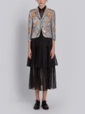 Classic Single Breasted Sport Coat In Organza With Multi Icon Filigree Embroidery