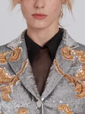 Classic Single Breasted Sport Coat In Organza With Multi Icon Filigree Embroidery