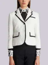 Classic Single Breasted Sport Coat With Grosgrain Tipping In White Woven Eyelash Tweed
