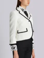 Classic Single Breasted Sport Coat With Grosgrain Tipping In White Woven Eyelash Tweed
