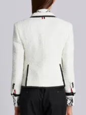 Classic Single Breasted Sport Coat With Grosgrain Tipping In White Woven Eyelash Tweed