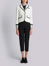 Classic Single Breasted Sport Coat With Grosgrain Tipping In White Woven Eyelash Tweed