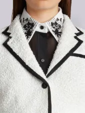Classic Single Breasted Sport Coat With Grosgrain Tipping In White Woven Eyelash Tweed