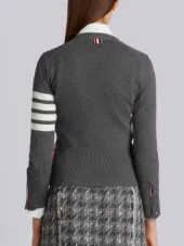 Classic V-Neck Cardigan In Cashmere With White 4-Bar Sleeve Stripe