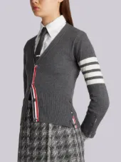 Classic V-Neck Cardigan In Cashmere With White 4-Bar Sleeve Stripe