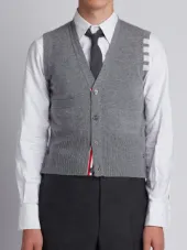 Classic V-Neck Cardigan Vest With White 4-Bar Stripe In Cashmere