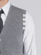 Classic V-Neck Cardigan Vest With White 4-Bar Stripe In Cashmere