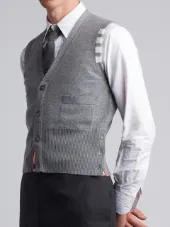 Classic V-Neck Cardigan Vest With White 4-Bar Stripe In Cashmere