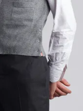 Classic V-Neck Cardigan Vest With White 4-Bar Stripe In Cashmere