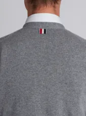 Classic V-Neck Cardigan Vest With White 4-Bar Stripe In Cashmere