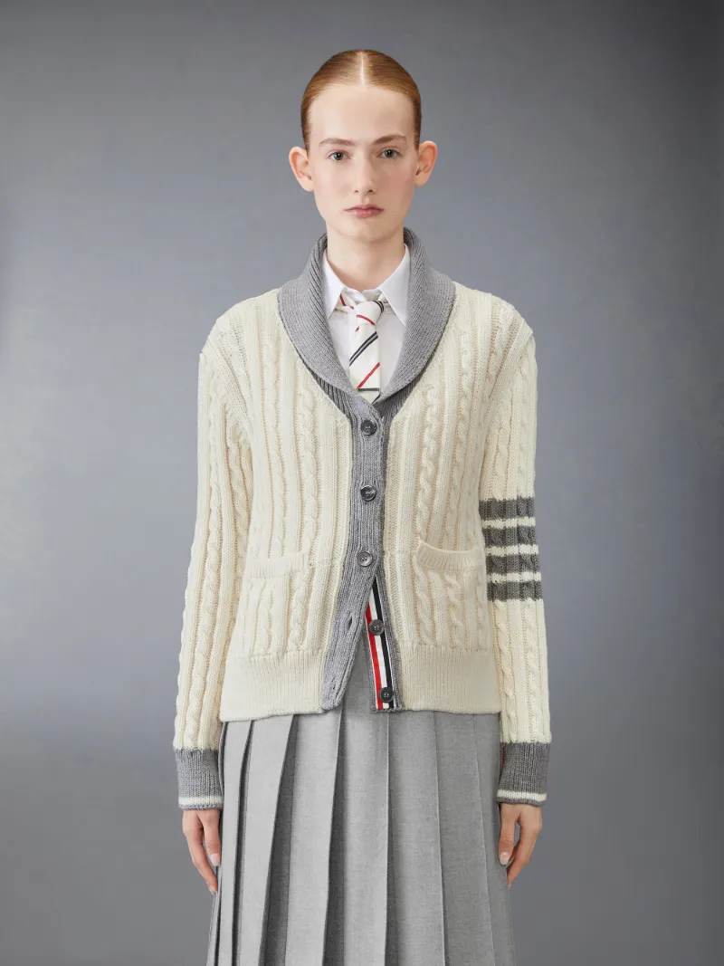 Classic Wool 4-Bar Cable Knit Cardigan