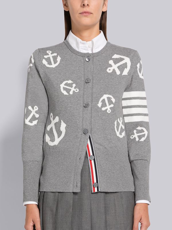 Cotton Anchor Intarsia 4-Bar Crew Neck Cardigan