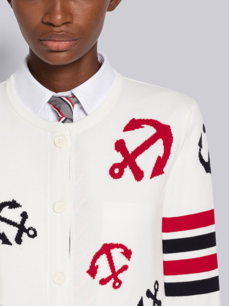 Cotton Anchor Intarsia 4 Bar Crew Neck Cardigan Thom Browne