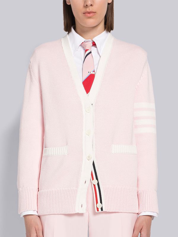 Cotton Jersey Flower 4-Bar V-neck Cardigan