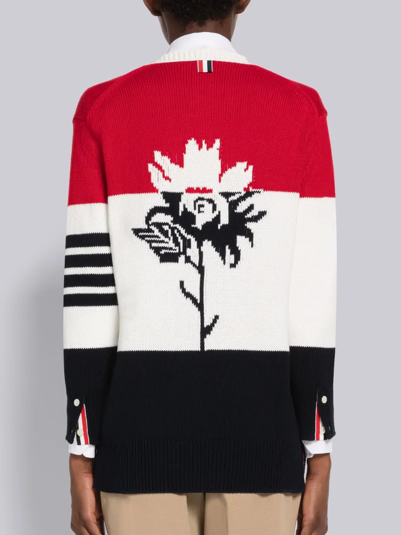 Cotton Jersey Flower 4-Bar V-neck Pullover
