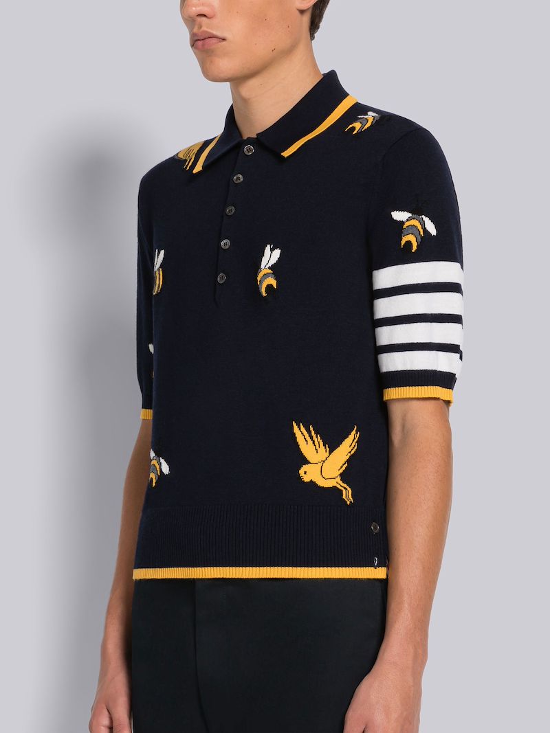 COTTON MERINO BIRDS AND BEES 4-BAR SHORT SLEEVE POLO