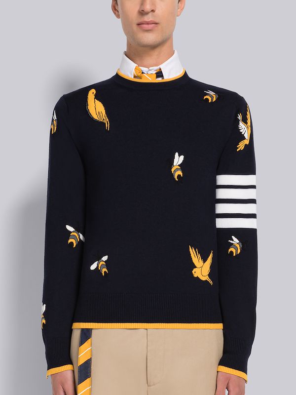 COTTON MERINO BIRDS AND BEES INTARSIA 4-BAR CREW NECK PULLOVER