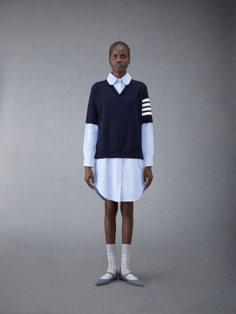 Cotton Milano and Oxford 4-Bar V-Neck Tee and Shirtdress Combo | Thom Browne