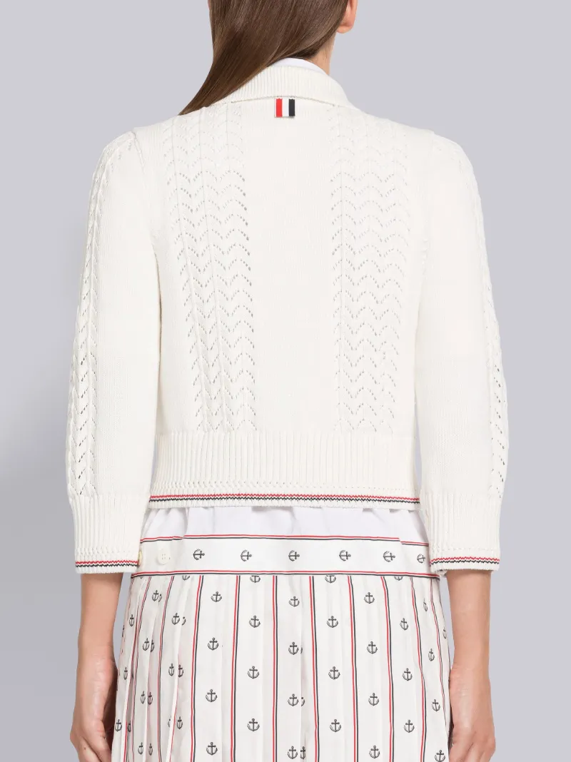 Cotton Pointelle 3/4 Sleeve Cropped Polo Cardigan