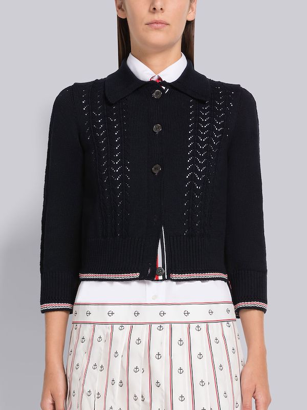 Cotton Pointelle 3/4 Sleeve Cropped Polo Cardigan