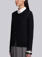 Crew Neck Cardigan In Fine Merino Wool With Trompe Loeil Jewelery Applique