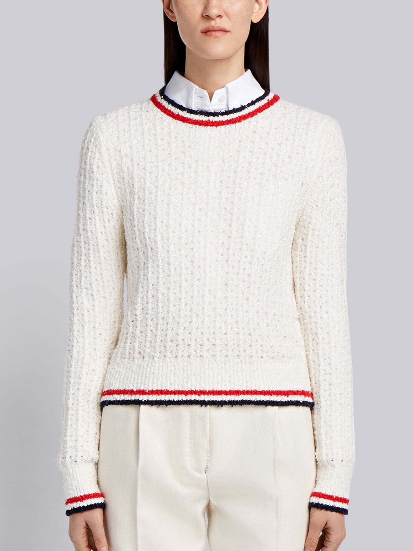 crew neck Pullover With Red, White And Blue Tipping Stripe In