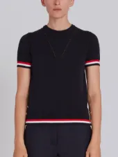 Crew Neck Short Sleeve Tee With Red, White And Blue Tipping Stripe In Cotton Crepe