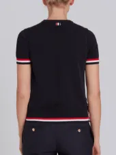 Crew Neck Short Sleeve Tee With Red, White And Blue Tipping Stripe In Cotton Crepe