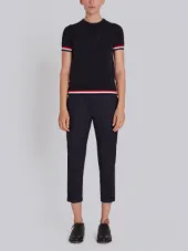 Crew Neck Short Sleeve Tee With Red, White And Blue Tipping Stripe In Cotton Crepe