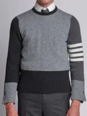 Crewneck Pullover With 4-Bar Stripe In Grey Funmix Cashmere