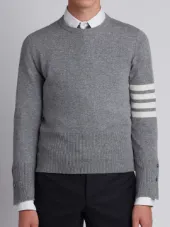Crewneck Pullover With 4-Bar Stripe In Light Grey Cashmere