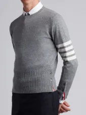 Crewneck Pullover With 4-Bar Stripe In Light Grey Cashmere
