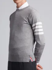 Crewneck Pullover With 4-Bar Stripe In Light Grey Merino