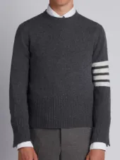 Crewneck Pullover With 4-Bar Stripe In Medium Grey Cashmere