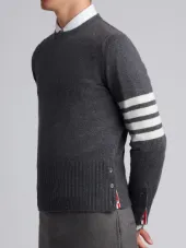 Crewneck Pullover With 4-Bar Stripe In Medium Grey Cashmere