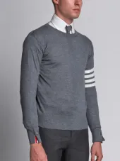 Crewneck Pullover With 4-Bar Stripe In Medium Grey Merino