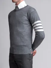 Crewneck Pullover With 4-Bar Stripe In Medium Grey Merino