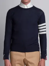 Crewneck Pullover With 4-Bar Stripe In Navy Merino