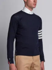 Crewneck Pullover With 4-Bar Stripe In Navy Merino
