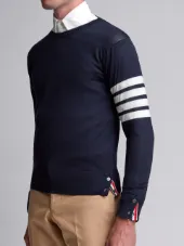 Crewneck Pullover With 4-Bar Stripe In Navy Merino