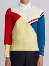 Crewneck Pullover With Red, White And Blue Stripe And Colorblocking In Cashmere