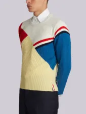 Crewneck Pullover With Red, White And Blue Stripe And Colorblocking In Cashmere